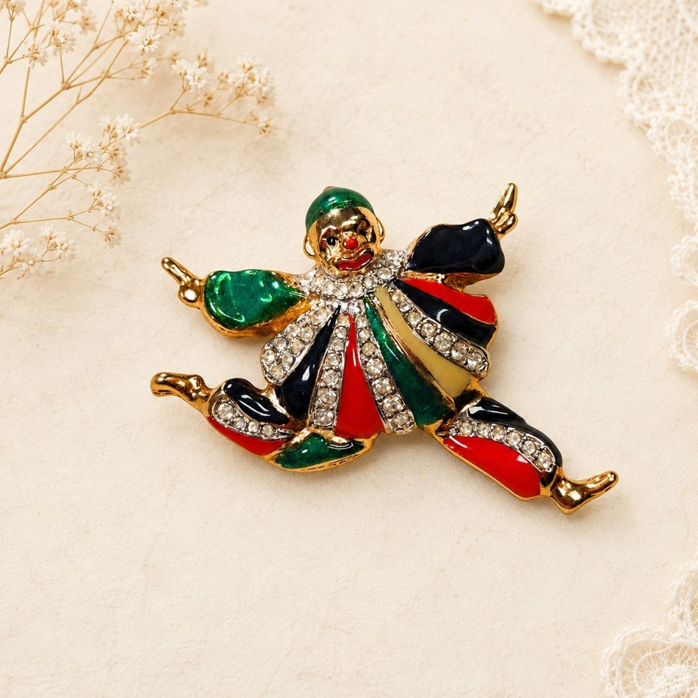 Puccini Clown Brooch Rhinestone Enamel Vintage Jester Harlequin Whimsical Pin